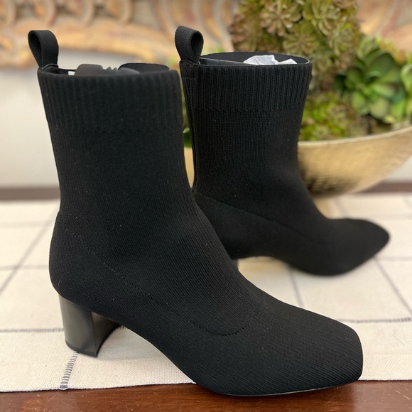Quince Eco Knit Black Heeled Boots Size 8 NIB Modern Chic Square Toe Quality - Picture 7 of 9